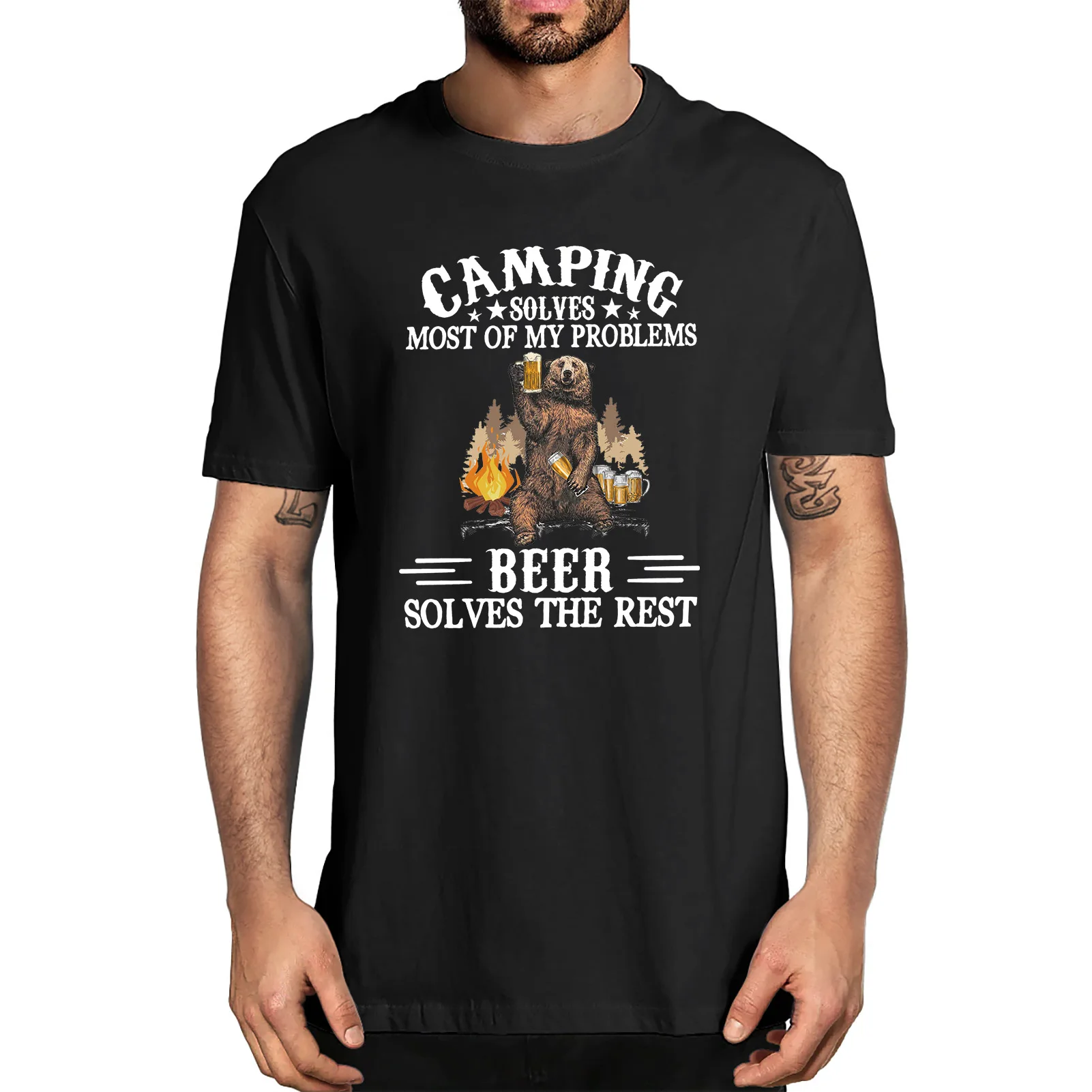 

Unisex Camping Solves Most Of My Problems Beer Solves The Rest T Shirt Vintage Funny Tshirt Men's 100% Cotton Novelty T-Shirt