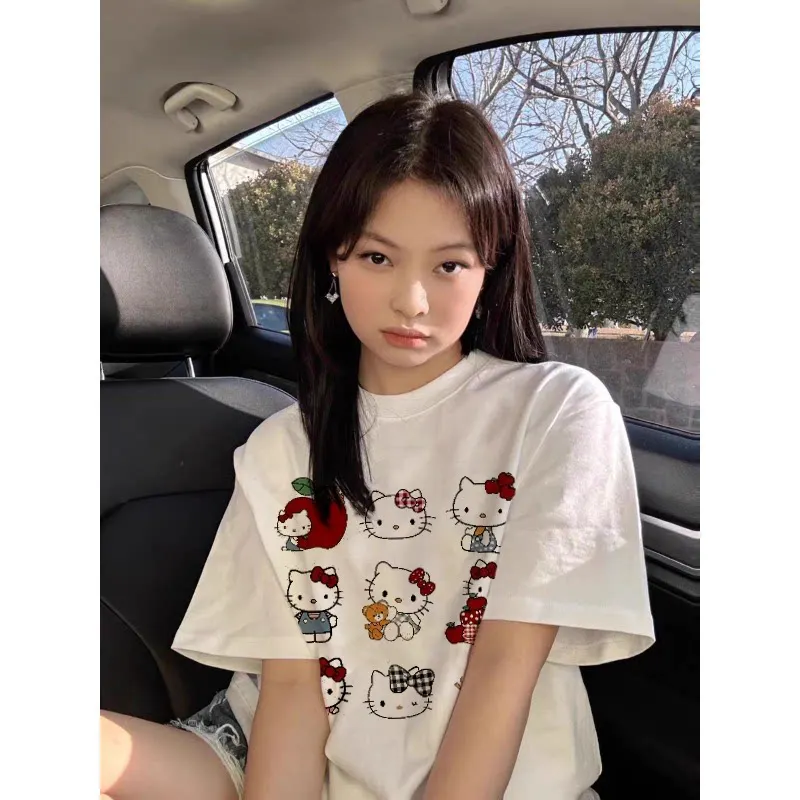 

Летняя футболка оверсайз 2026 с принтом Hello Kitty, 100% хлопок, с разными изображениями, в стиле Nine Square, для взрослых, детей и семейного образа (родитель-ребенок)