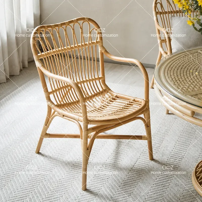 Simple Rattan Armchair Nordic Style Living Room Dining Chair Leisure Recliner with Back Support for Home and Hotel Use