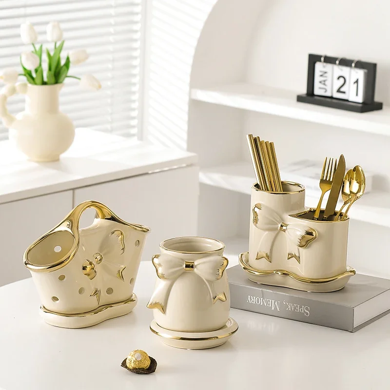 Ceramic Cream Wind Bow Tie Tableware Storage Holders Kitchen Tableware Drain Chopsticks Rack High-end Table Chopsticks Boxes