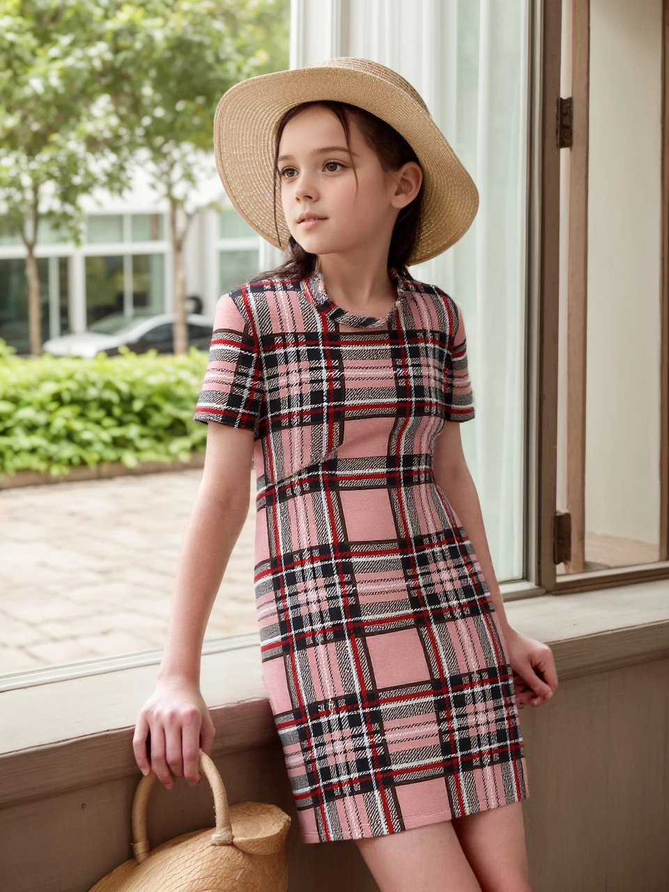 

Girls' Short-Sleeve Spring-Summer Dress, Hip-Hugging, Stylish Mid-Length Children's Dress for Older Girls
