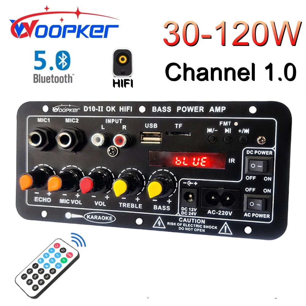 Woopker D10-II Audio Amplifier Board Digital Bluetooth AMP Module 30-120W for 4 Ohm Speaker 110V-220V 12V/24V With LED Screen