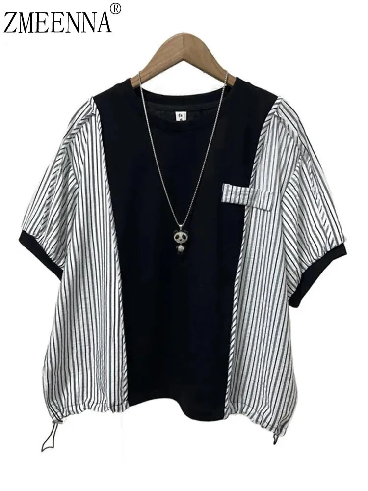 

ZMEENNA Women 2025 Summer Fashion Side Stripe Lace-Up Short Sleeve T-Shirt Oversized Casual Top Comfortable ZM897