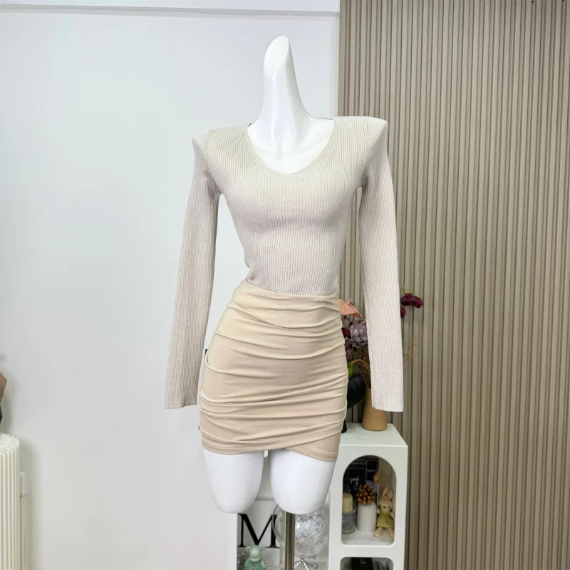 Chill Qiao'er Golden Secretary Outfit Apricot Waist-Cinching A-Line Skirt for Women Irregular Pleated Bodycon Short Skirt