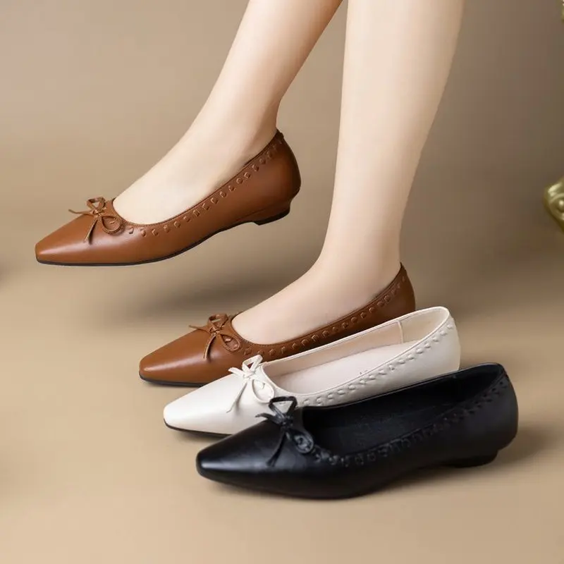 Women Vintage Slip On Flat Pumps Pointed Toe Bow Embellished PU Leather Dress Shoes For Spring Office Daily Wear