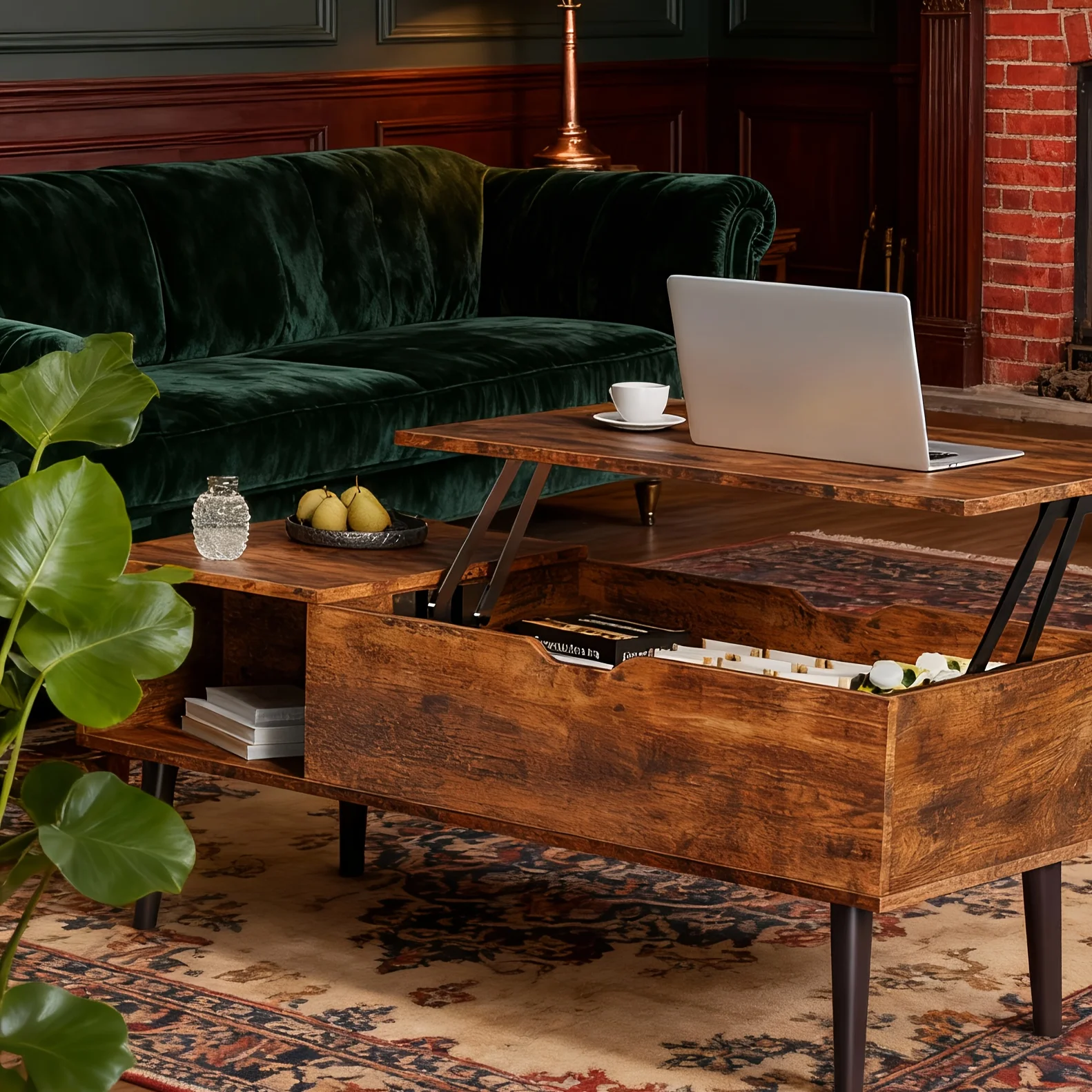 

Multifunctional Lift Top Coffee Table with Storage Compartment and 2 Cubbies | Sturdy Raising Mechanism, Easy to Assemble, Brown Wood, Adjustable Height, Contemporary Style, Metal Frame, Brand: OLIXIS