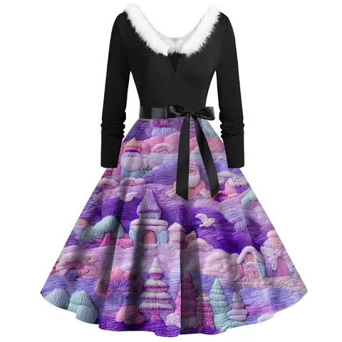 Moderiktig damklänning med rund hals, avslappnad tryck och långärmad, stor gungklänning för fest och högtider 10 best sales svart jultomteklänning - №1