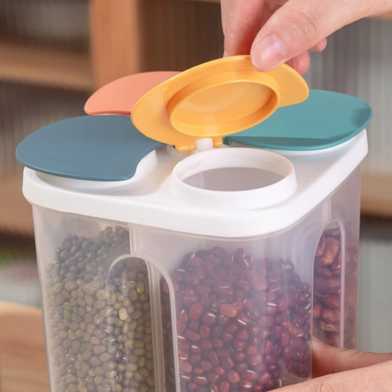 Kitchen Whole Grains Cereal Dispenser Divided Sealed Storage Tank 2 Grids Wall-Mounted Food Storage Containers