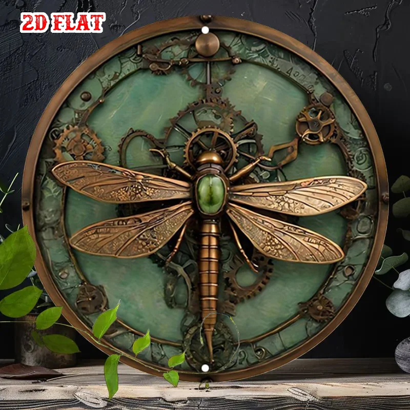 2D Flat, 1pc Vintage Steampunk Dragonfly Metal Wall Art - Rustic Round Aluminum Sign Suitable for Home, Garage, Dining Room, Caf
