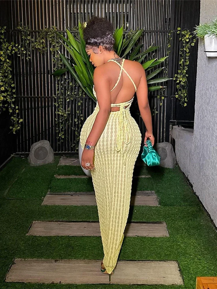 فستان ماكسي مثير بحمالات رفيعة مكشكش وحزام سباغيتي فستان نسائي غير رسمي بدون أكمام وظهر مكشوف فساتين حفلات للسيدات