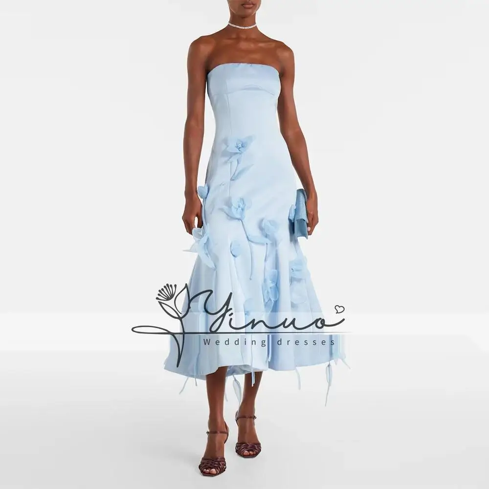 customized Women's Evening Gown Mermaid Tea Length Formal Wedding Party Dress Strapless Saudi Dress With Flowers Prom Dress