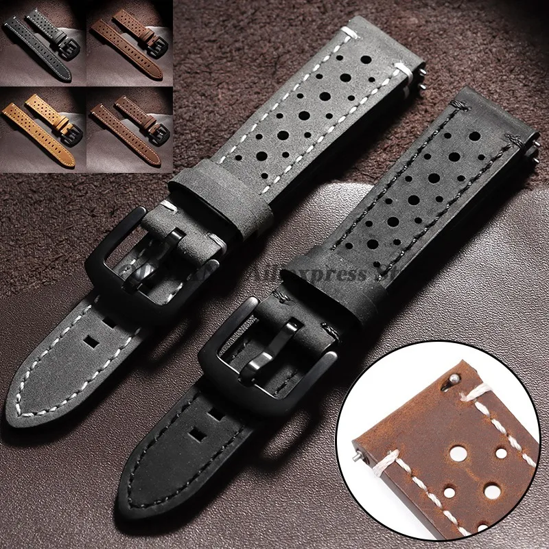 18mm 19mm 20mm 21mm 22mm 24mm 다공성 통기성 소 가죽 시계 밴드 가죽 스트랩 퀵 릴리스 스포츠 팔찌 남성 여성 손목 벨트