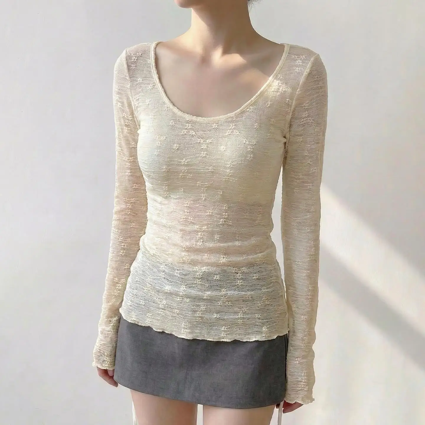 

Элегантная кружевная блузка женская, приталенная, для ношения под одеждой, легкая, дышащая, с длинным рукавом, круглым вырезом, цветная