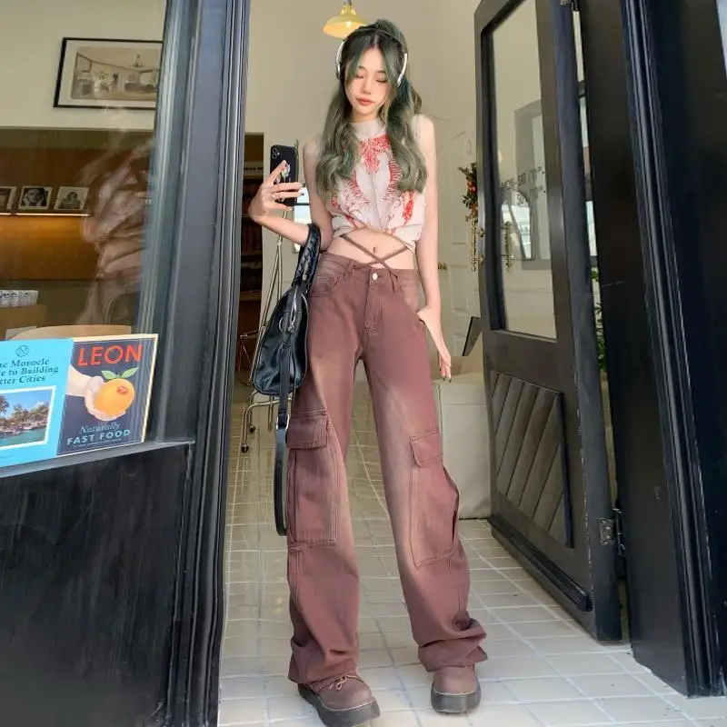 

American High Street Gradient Jeans Women Summer New Retro Lace-Up Straight Loose Pocket Wide-Leg Work Trousers