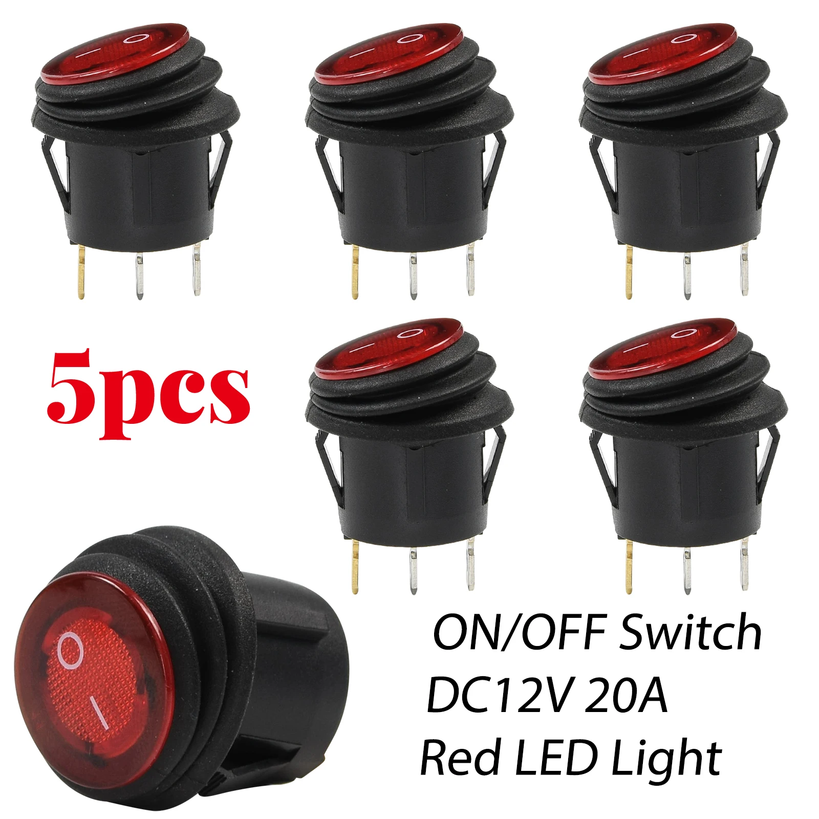 5pc Car DC 12V Waterproof Round Rocker Dot Boat Dash Toggle Switch Button Red LED Light SPST ON/OFF Luminescence Car Accessories