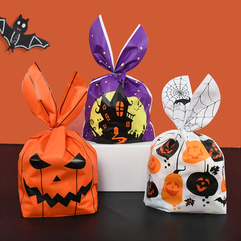 25 Stück Halloween Süßigkeiten Taschen Snack Taschen Kunststoff Halloween Kürbis Süßigkeiten Snack Hasen ohren Taschen für Halloween Party liefert