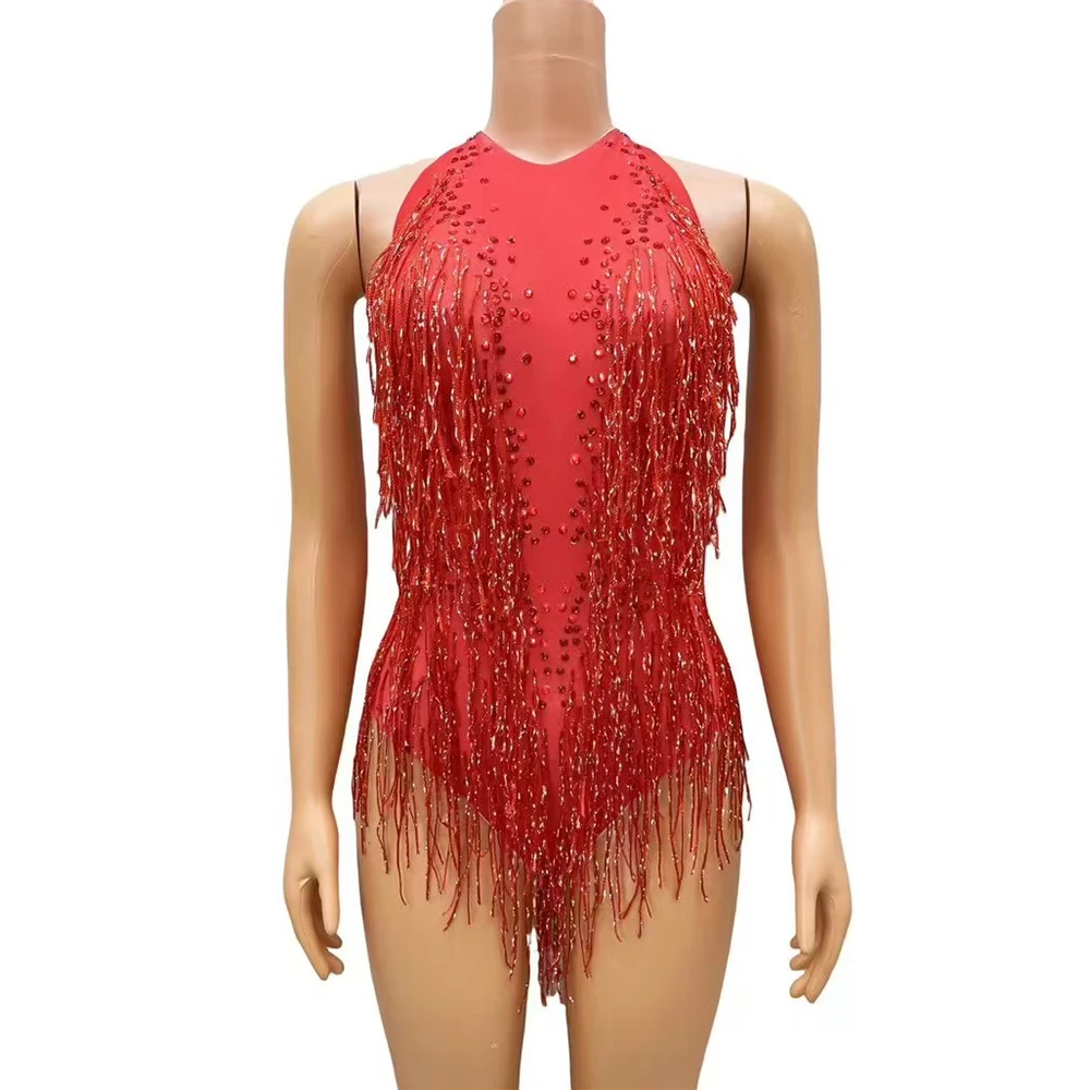 Sexy Sparkly Rhinestones Fringes Red Bodysuit Women Nightclub Dance Outfit Glisten Tassel One-piece Stage Wear Singer Leotard