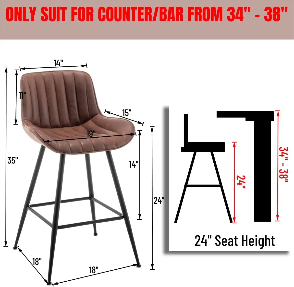 Brown Bar Stools Set of 2, 24 Inch Barstools Fabric Upholstery | Counter Height Bar Stool 24-Inch Seat Height, Thick Cushion