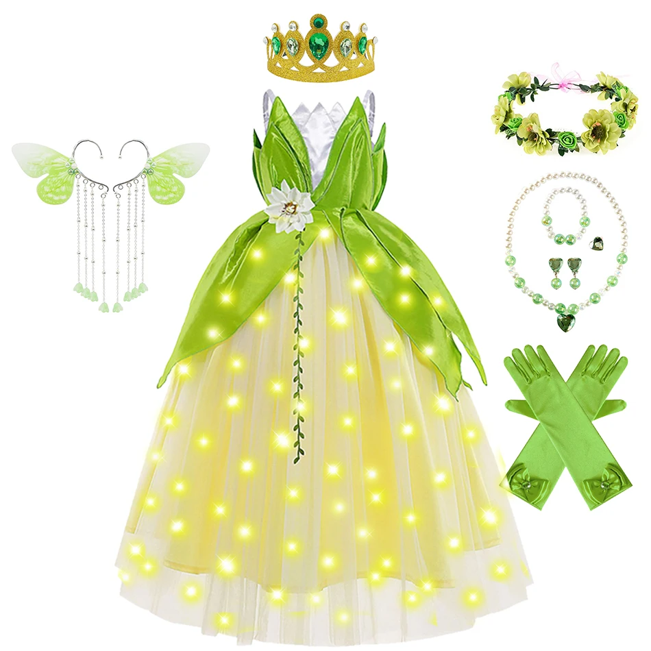 Tiana Princess Costume Purim Carnival Princess Green Fairy Disguise Frocks Children's Birthday Surprises Party Gift