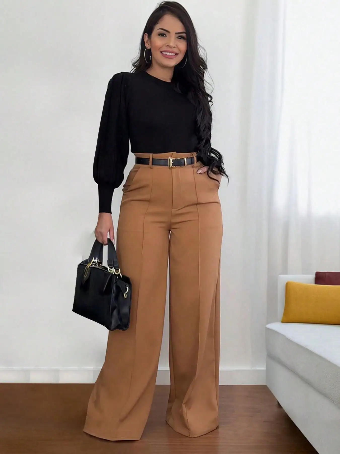 

Solid Black High-Waisted Wide-Leg Pants for Office & Casual Wear