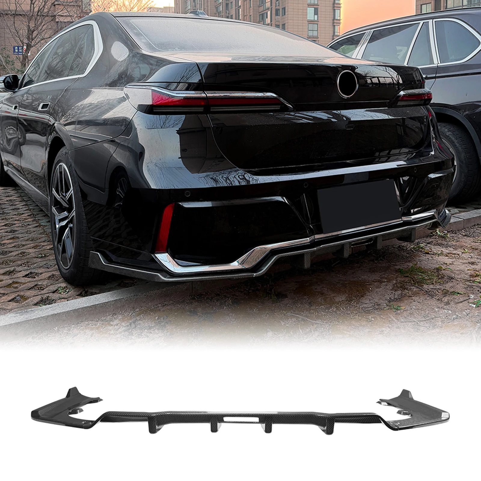 

For BMW 7 Series i7 G70 G73 M Sport 2023-2026 Rear Bumper Diffuser Lip Carbon Fiber Look/Gloss Black Tail Boot Splitter Spoiler