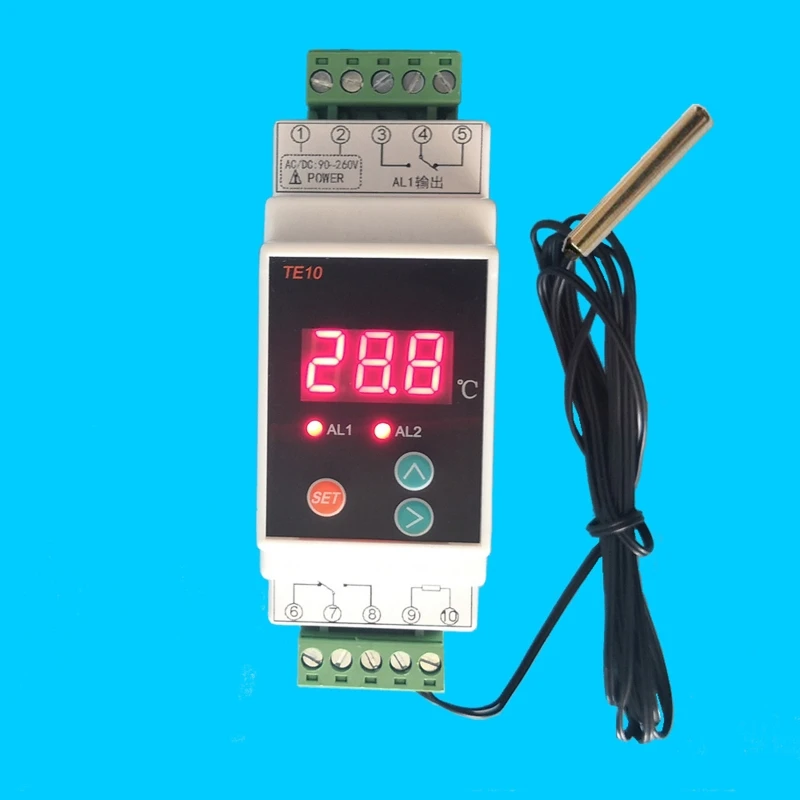 Controlador de alarma de temperatura de salida de relé de 2 vías, termostato de riel Din con Sensor 40 ~ 110 ℃ sin salida común NC 7A/250VAC