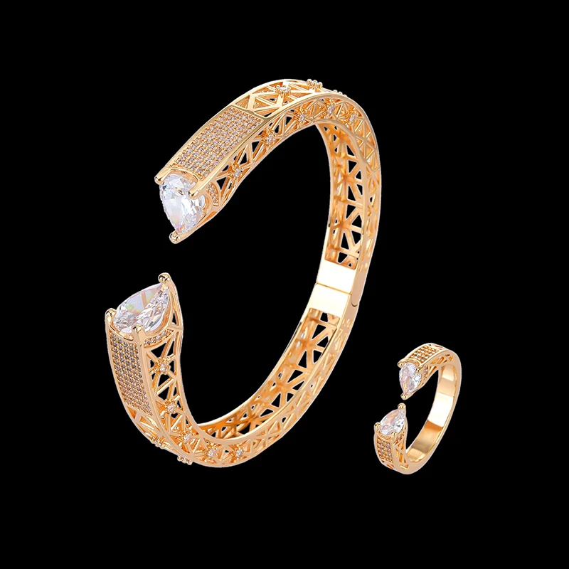 Lanruisha Simple copper micro inlaid zircon female bangles and ring jewelry set classic hollow out square popular jewelry