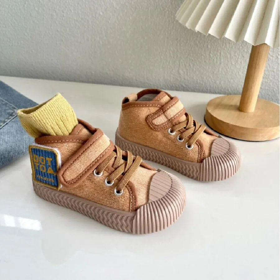 Children's Canvas Shoes 2024 Autumn New Baby Mid Top Soft Sole Casual Shoes for Boys Girls Black Khaki Peach Size 22-31