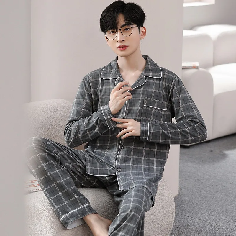 Men\'s Long Sleeved Pajamas Men\'s Cardigan Comfortable and Loose Home Clothing Set for Men In Spring and Autumn pijama hombre