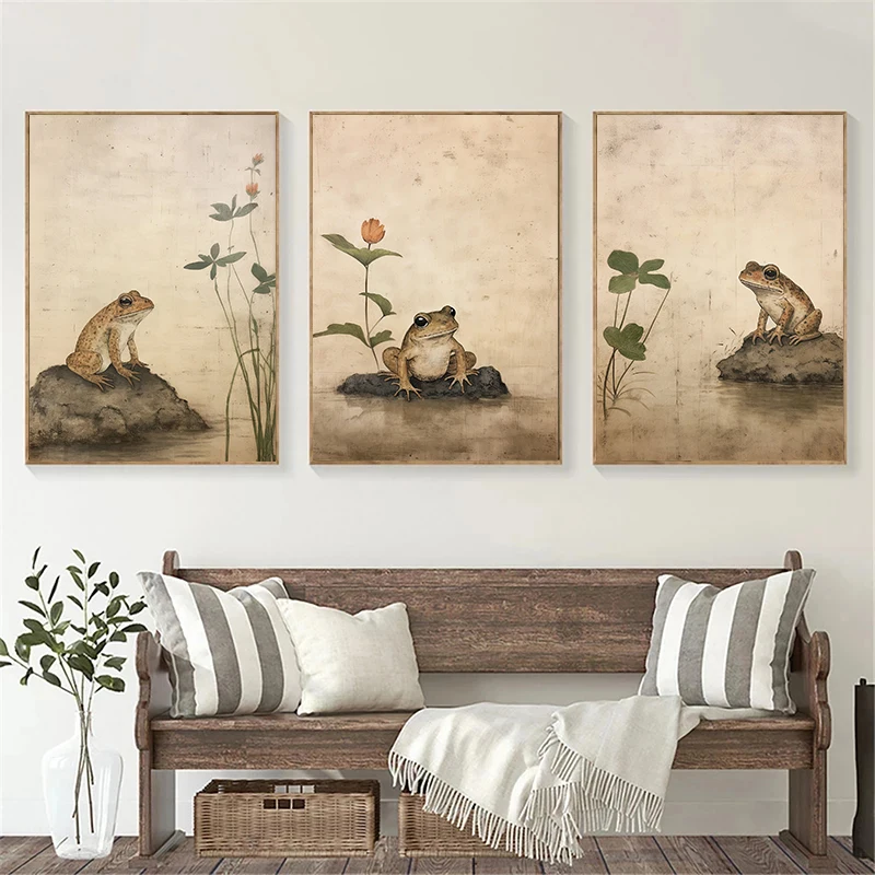 Antique Hoji Style Japanese Cute Frog Botanical Animals Zen Poster Canvas Painting Wall Art Pictures Home Living Room Decor