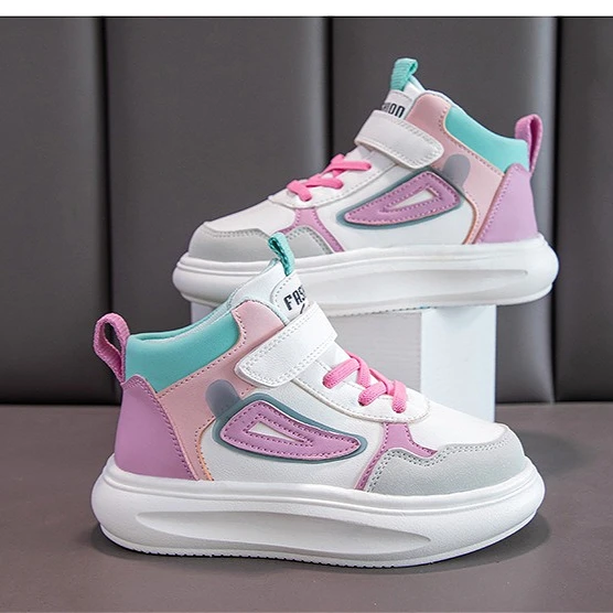 

Высокие туфли для скейтбординга с цветными блоками для девочек, новая мода, милый дизайн на липучке, детская повседневная обувь на мягкой подошве, нескользящие детские кроссовки для мальчиков