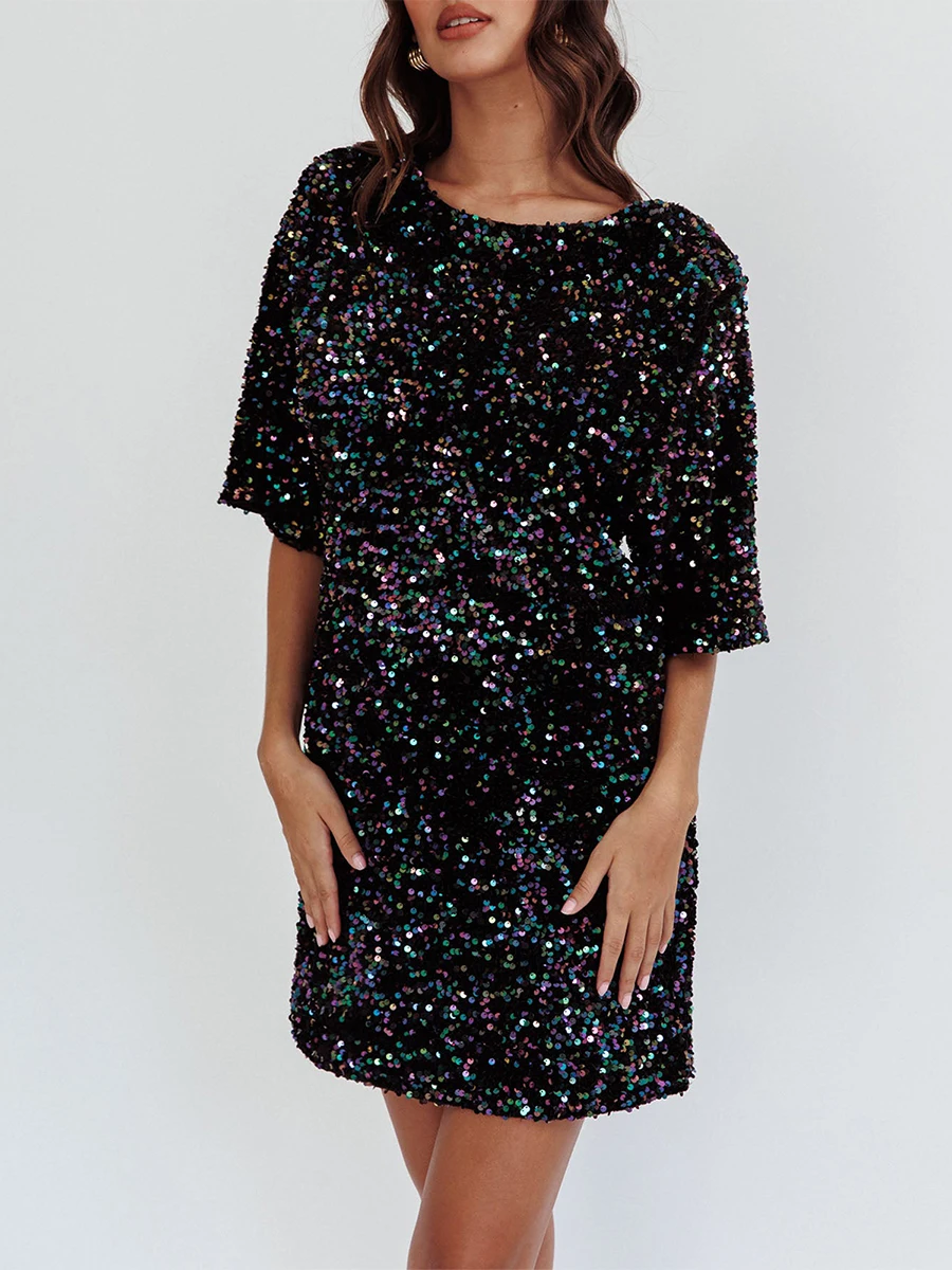 Women's Sequin Dress Casual Loose Sparkly Round Neck Short Sleeve Open Back Tie-Up Mini T-Shirt Dress for Party Club