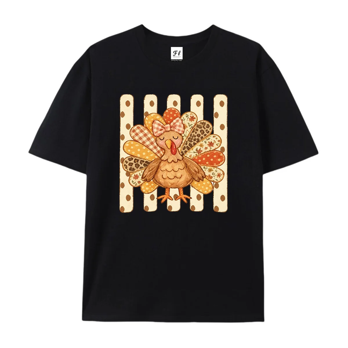 Cute Thanksgiving Turkey With Bow T-shirt Women Fall Patchwork Turkey Graphic Tee Polka Dot Stripes Autumn Holiday Casual Shirts