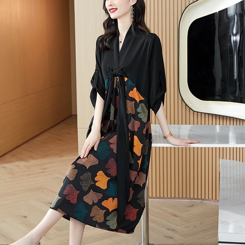 Summer Print Mulberry Silk Flare Sleeve V-Neck Midi Dress Women Korean Vintage Casaul Party Dress 2024 New Elegant Bodycon Dress