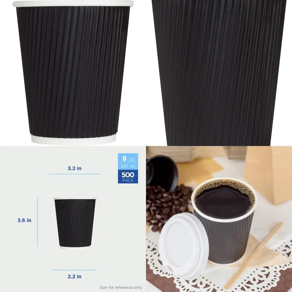 

Disposable Paper Hot Cups, 8 oz Insulated Ripple Coffee Cups, 500 Pack, Black, Sturdy Leak-Proof, 80mm Diameter, No Lids, Ideal