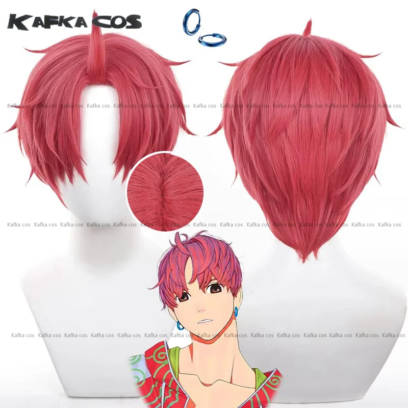 Anime Jin Enjoji Cosplay Wig Jiji Red Short Hair Earrings Heat Resistant Synthetic Hair For Halloween