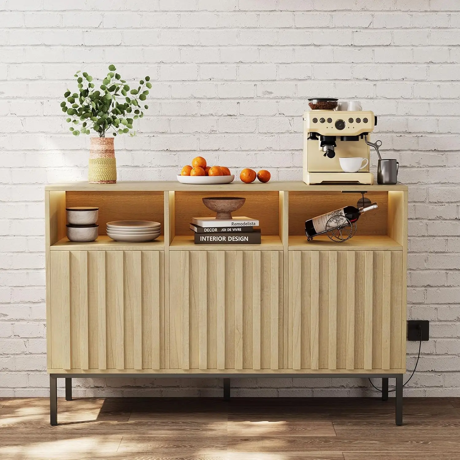 

Storage Cabinet Buffet Cabinet With Storage, Fluted Sideboard Cabinet Coffee Bar, Accent Credenza With LED Light, Charging Stati