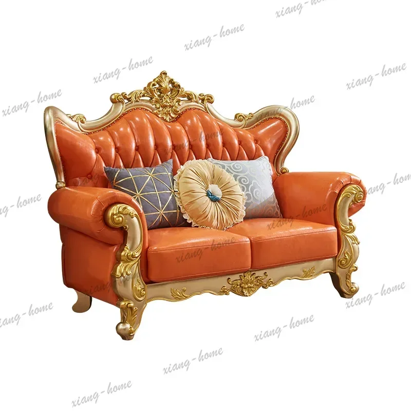 Genuine Leather Sofa Luxurious Champagne gold Solid Wood Chaise Longue Imported Top Layer Cowhide