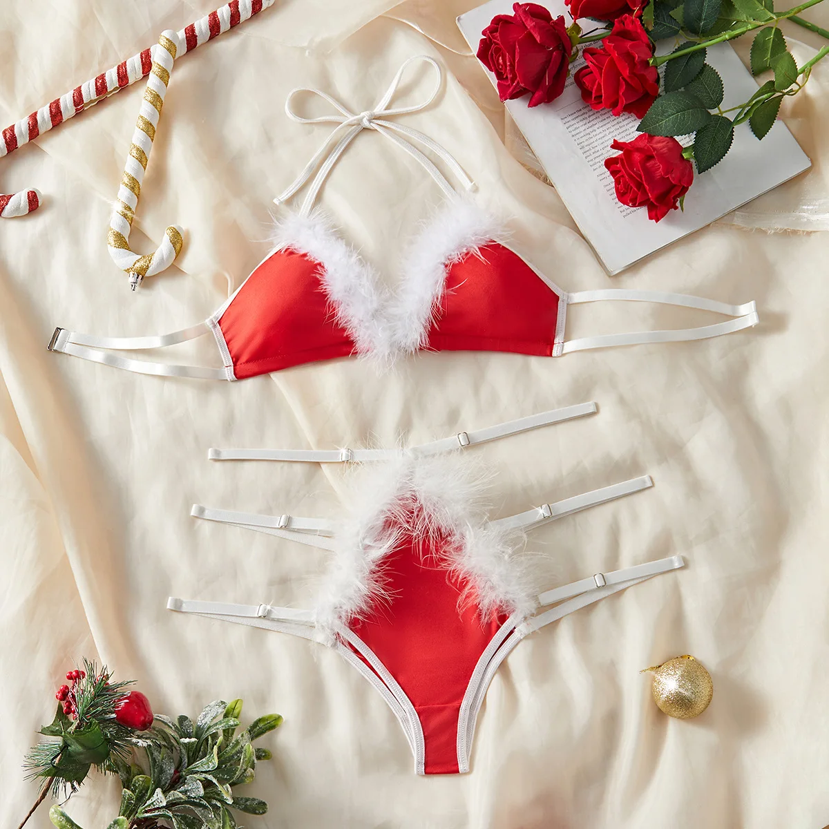 New Women's Sexy Three-Point Role Play Lingerie Set, Christmas Style Plush Tie-Up Design