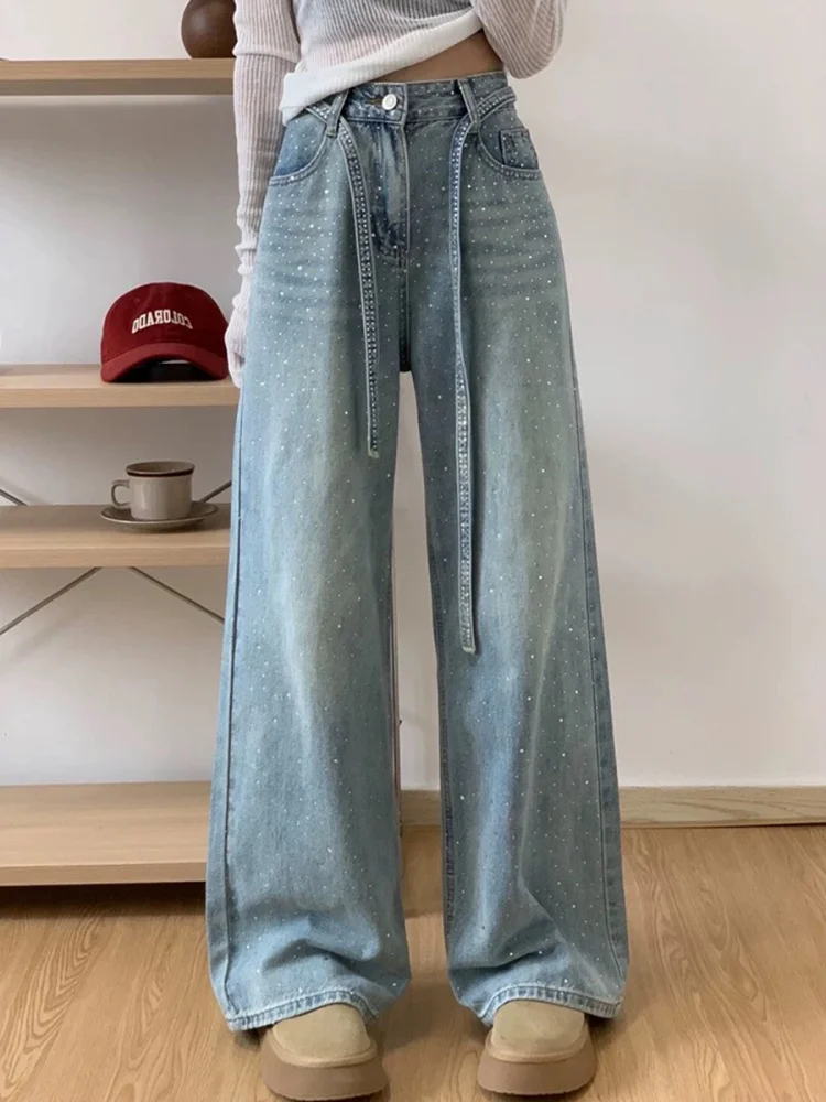 بالإضافة إلى حجم الأمريكية Sle حجر الراين الدنيم عالية الخصر مستقيم الساق واسعة الساق السراويل للنساء الكمثرى aped الخريف لباس غير رسمي