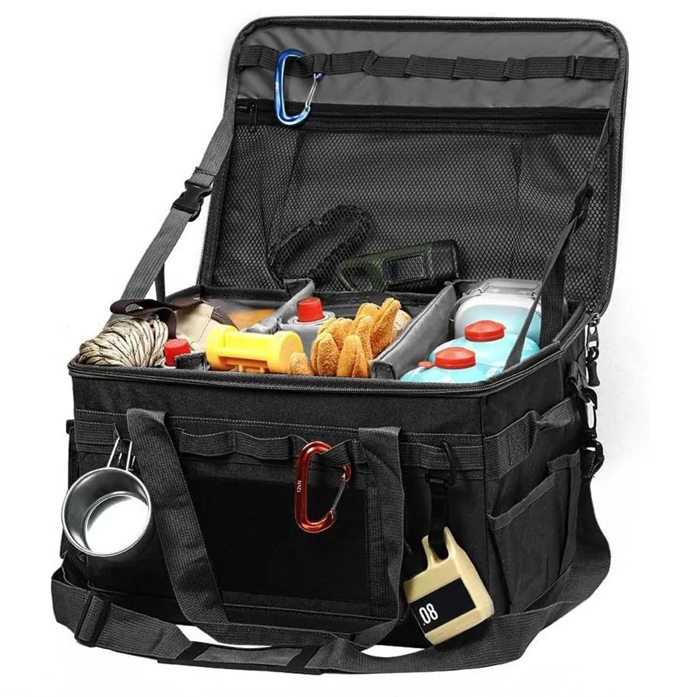 Black Tactical Camping Bag Spacious Outdoor Storage Storage Bag Cookware Bag Waterproof Detachable Compartments
