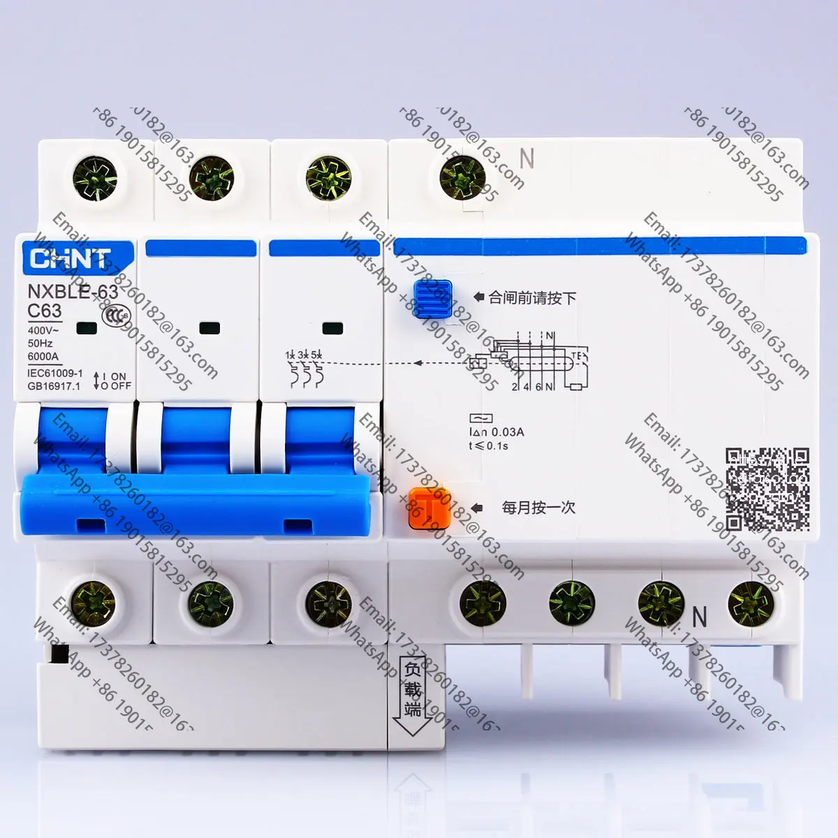 

CHNT-Disyuntorprotección corriente Residual, NXBLE-63 CHINT, 3P + N, 6A, 10A, 16A, 20A, 25A, 32A, 40A, 50A, 63A, RCBO