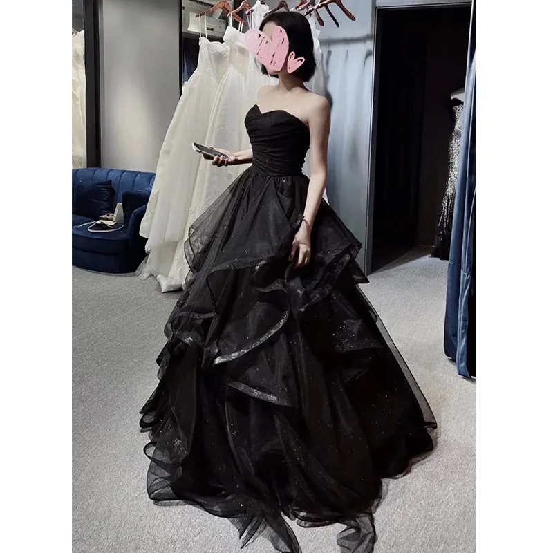 

Black Elegant Strapless Sleeveless Chiffon A-Line Evening Dress Back Bandage Women Formal Gowns Robe De Soiree Cheongsam