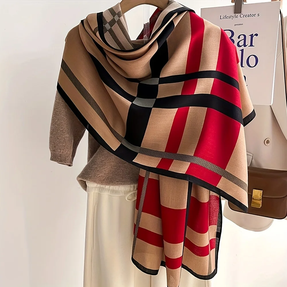 1 Piece Khaki/Beige Autumn and Winter Plaid Color-Blocked Warm Scarf, Lightweight Breathable Warm Neck Scarf, Large Shawl, Fashionable Neck Protection Warm Scarf Shawl, Versatile Outerwear Shawl