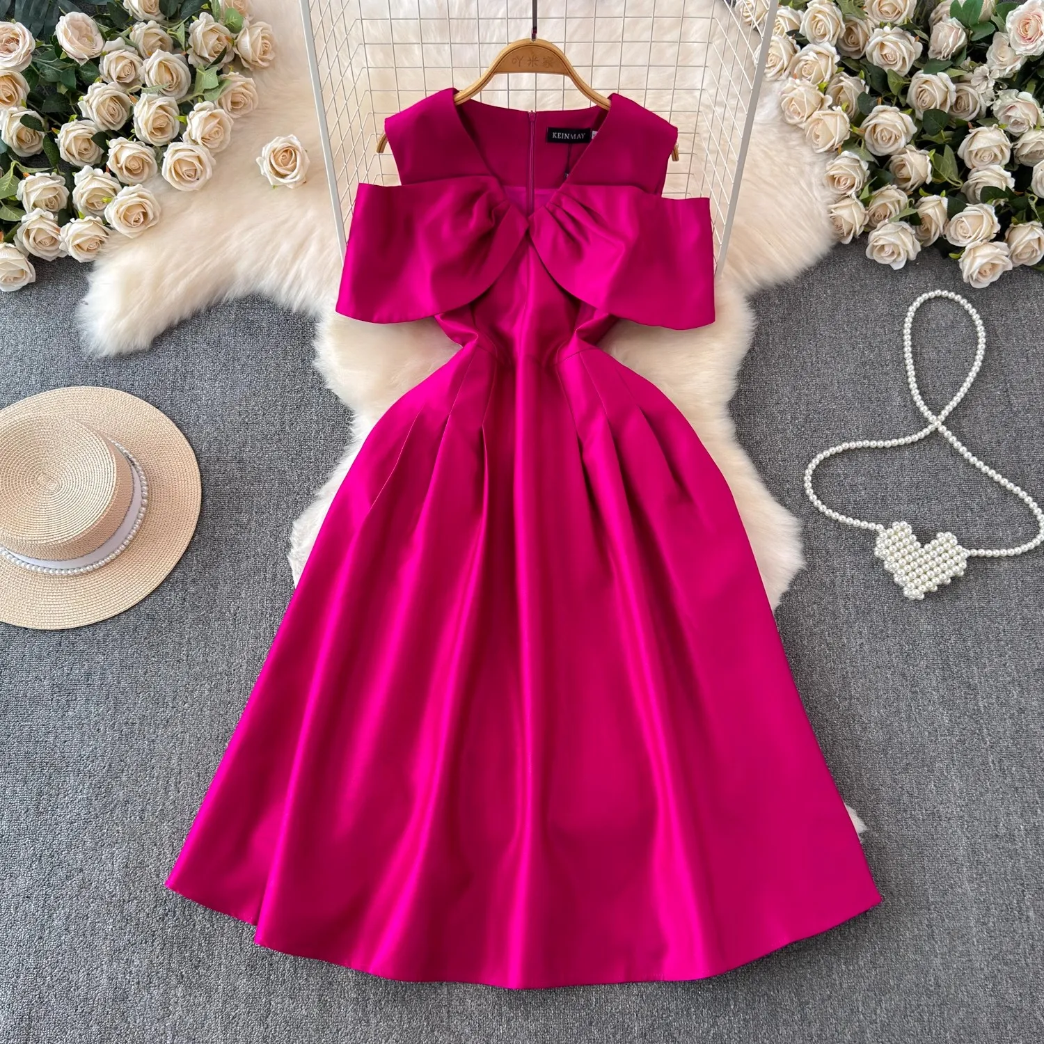 New Elegant High End Summer Rose Red Off Shoulder Prom Party Dress Women V Neck Ruffled Sleeve Pockets Slim Ball Gown Midi Dress