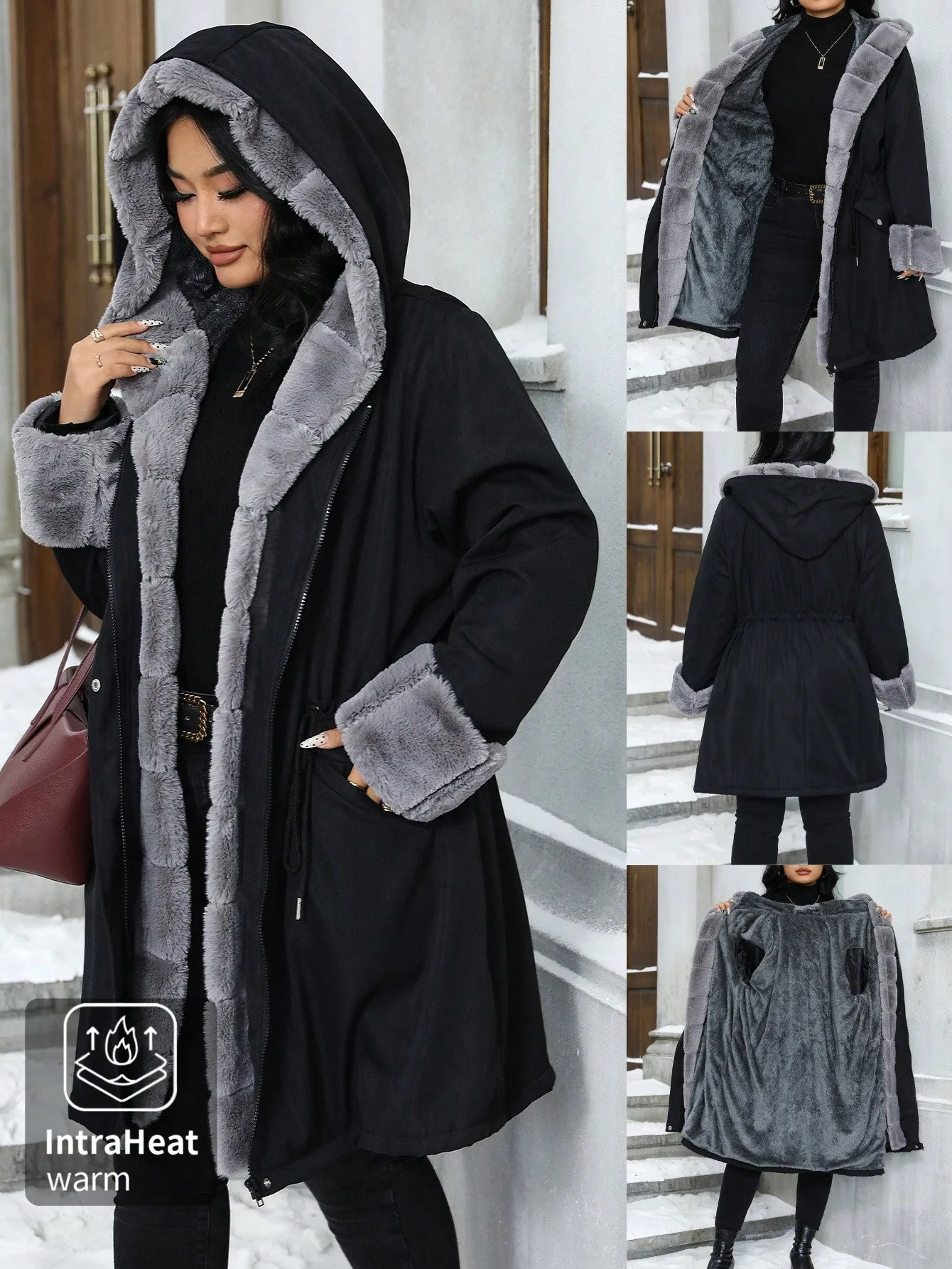 Damski płaszcz zimowy plus size z kapturem, wykończeniem z sztucznego futra, marszczoną talią i zapięciem na zamek błyskawiczny.