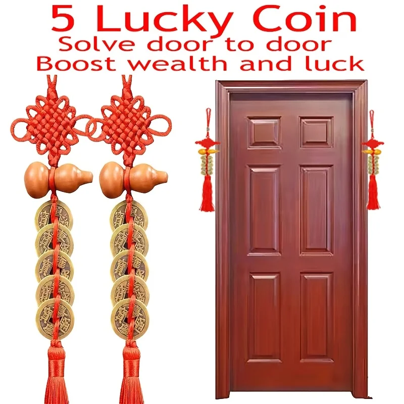 2pcs Chinese Feng Shui Coin Charm, Five Emperor Coins Gourd Decor for Door, Wealth Attracting Hanging Ornament
