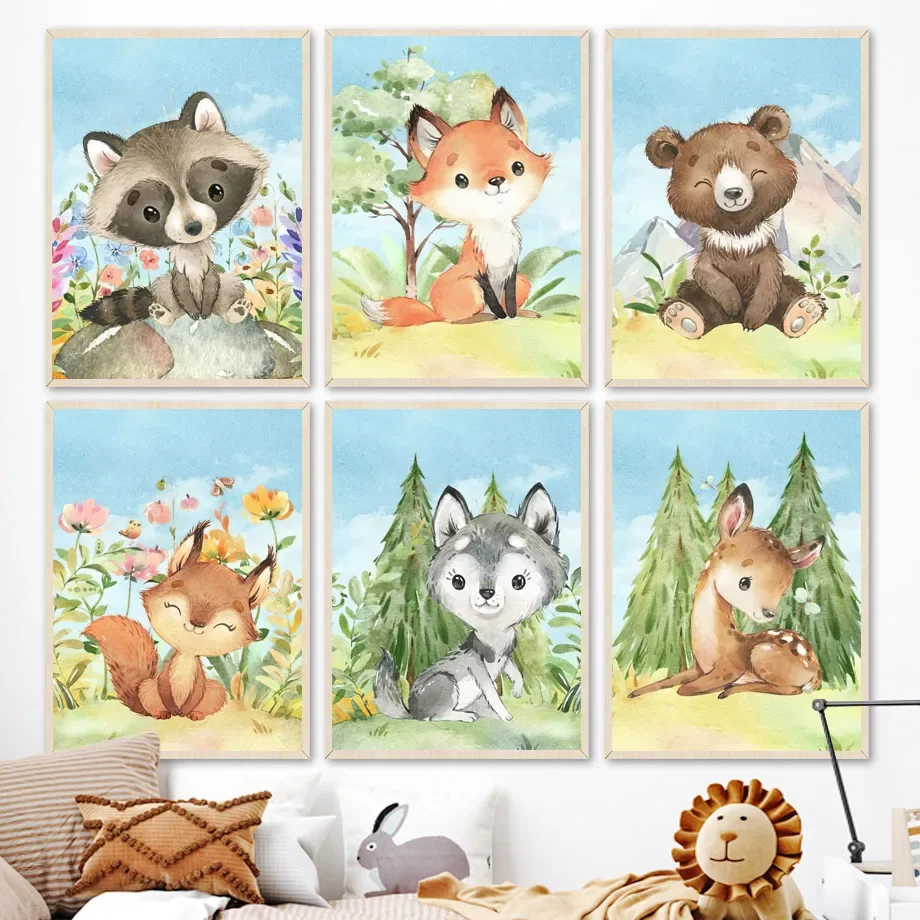 Fox Rabbit Deer Bear Squirrel Boho Baby Woodland Nursery Neutral Prints Posters Animal Kids Room Wall Art Pictures Bedroom Decor