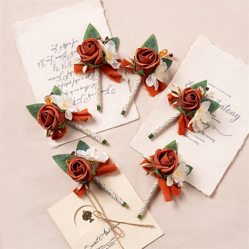 Burnt Orange Boutonniere Groom Best Man Groomsmen Artificial Flowers for Wedding Ceremony Fall Vintage Rustic Marriage Prom
