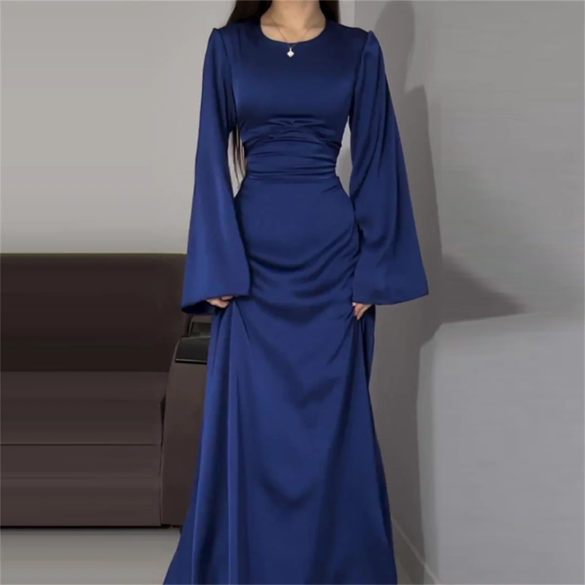 Chic Long Round Neck Satin Flare Sleeve Maxi Dress Silk Lace Up Slim Skirt Evening Party Dresses Solid Elegant Bandage Robes